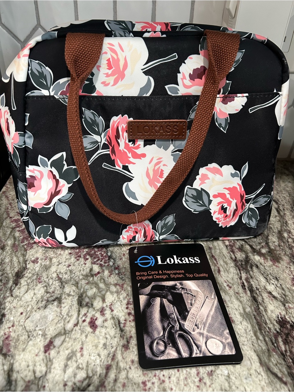 Floral Insulated Lunch Bag — Black with Pink Rose Print- NWT Lokass brand